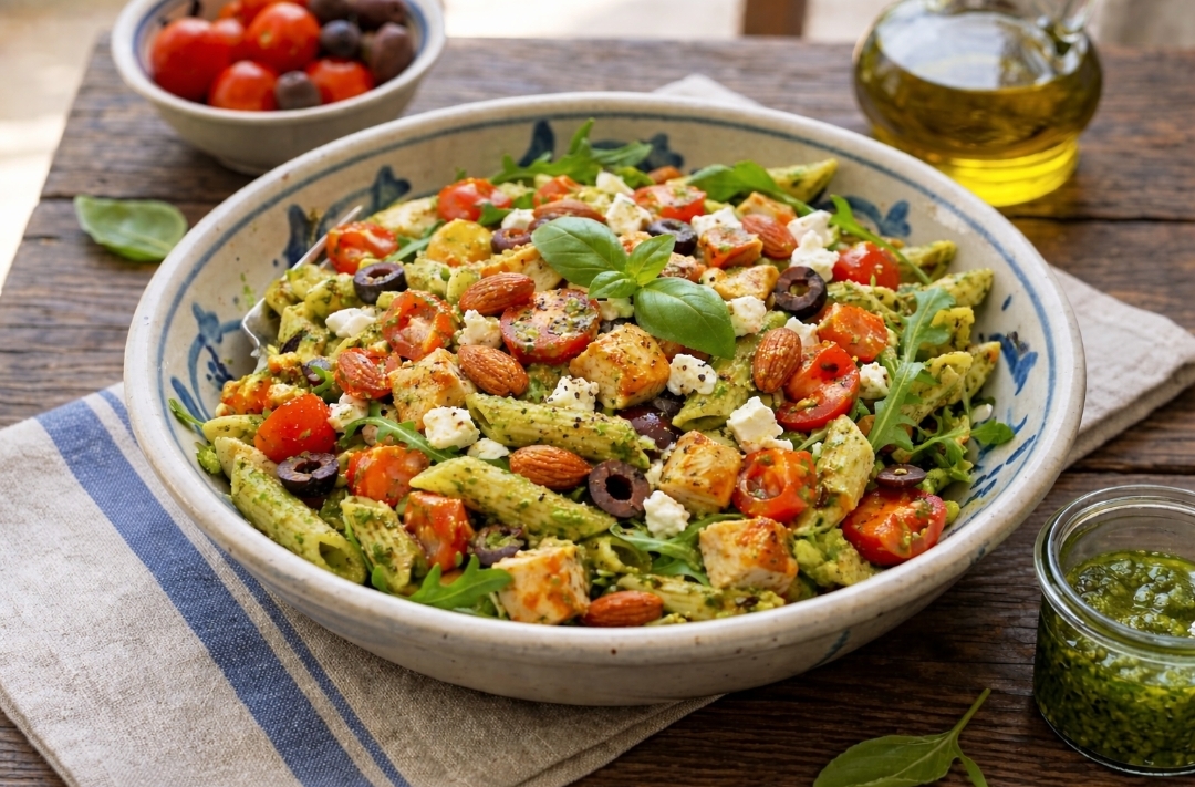 Insalata di penne rigate con petto di pollo e pesto