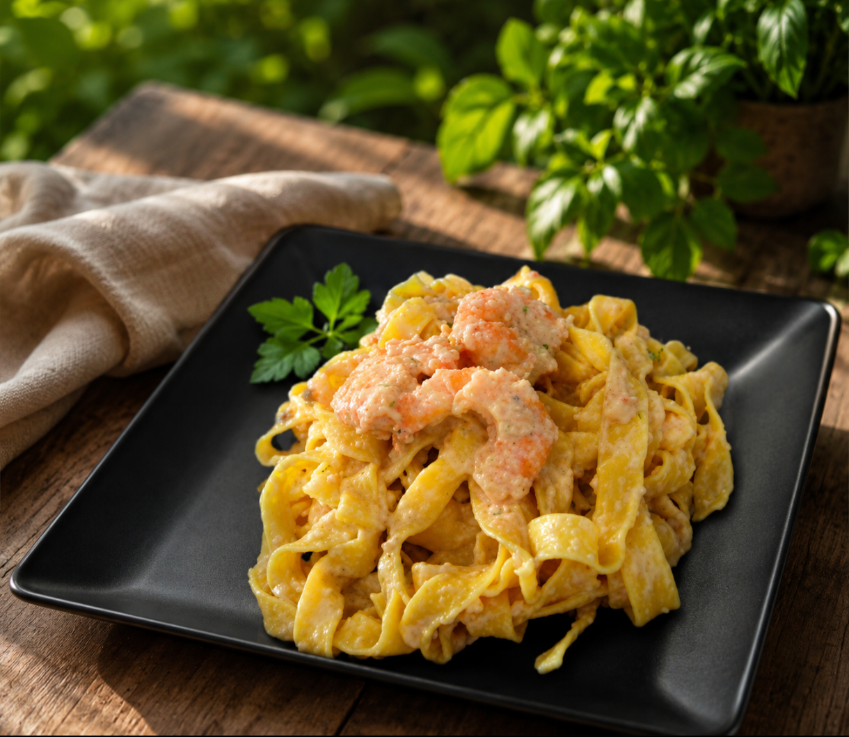 Tagliatelle con gamberetti in salsa bianca