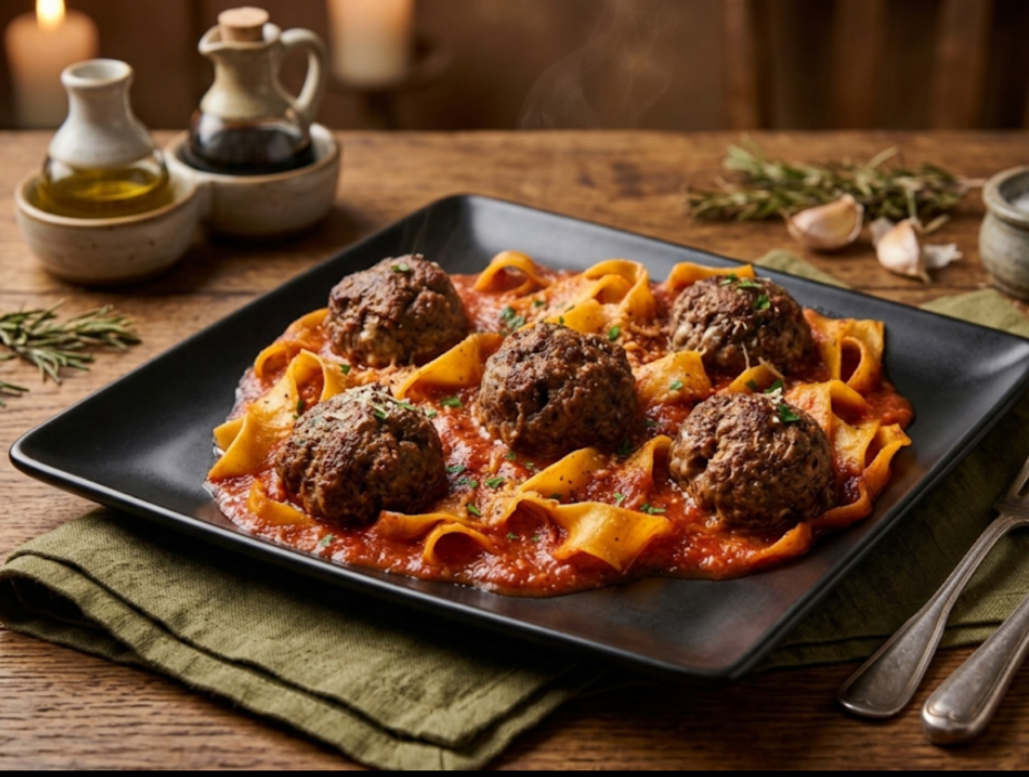 Pappardelle con polpette di manzo in salsa rossa (Halal)