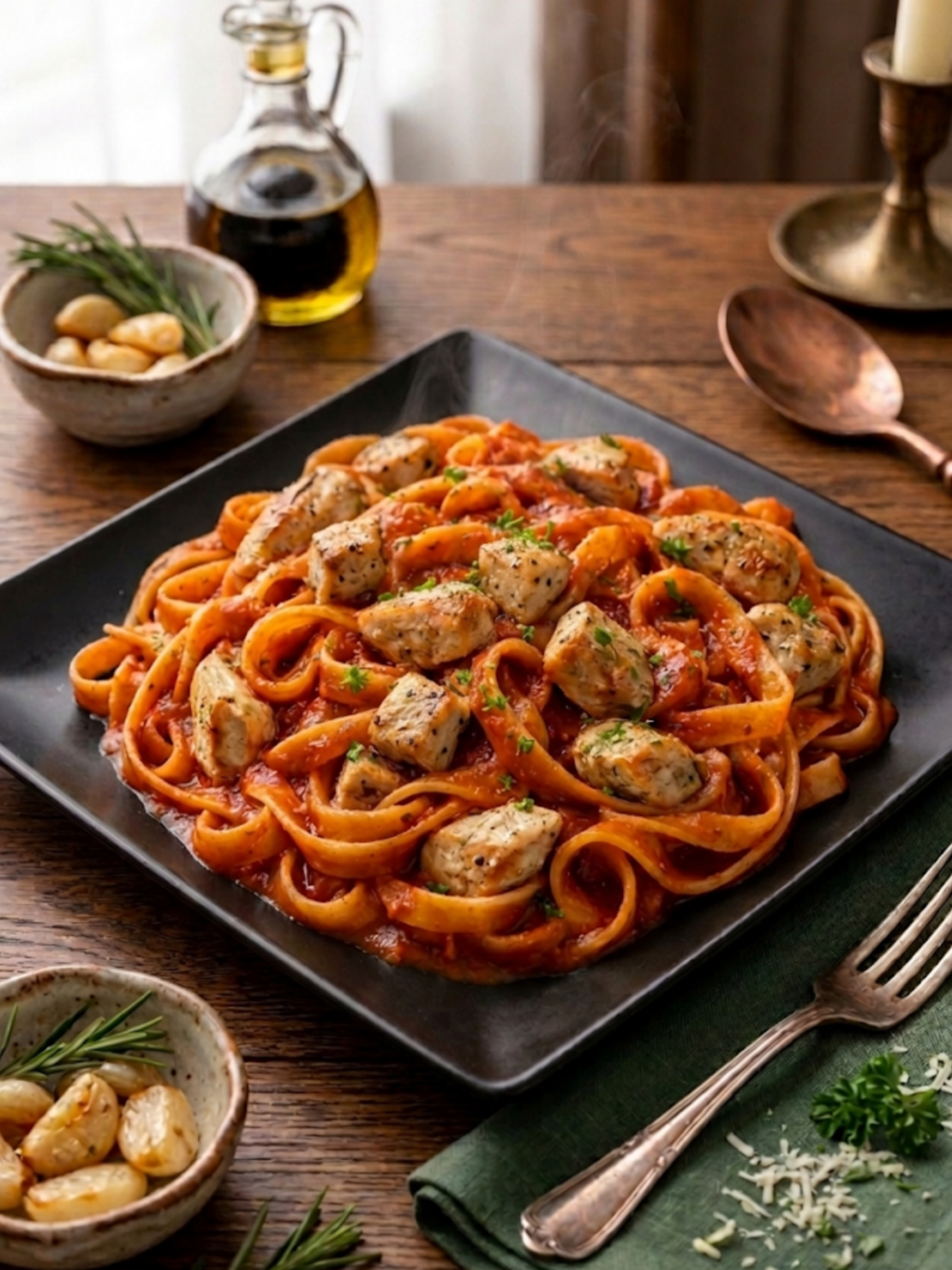 Tagliatelle con petto di pollo in salsa rossa