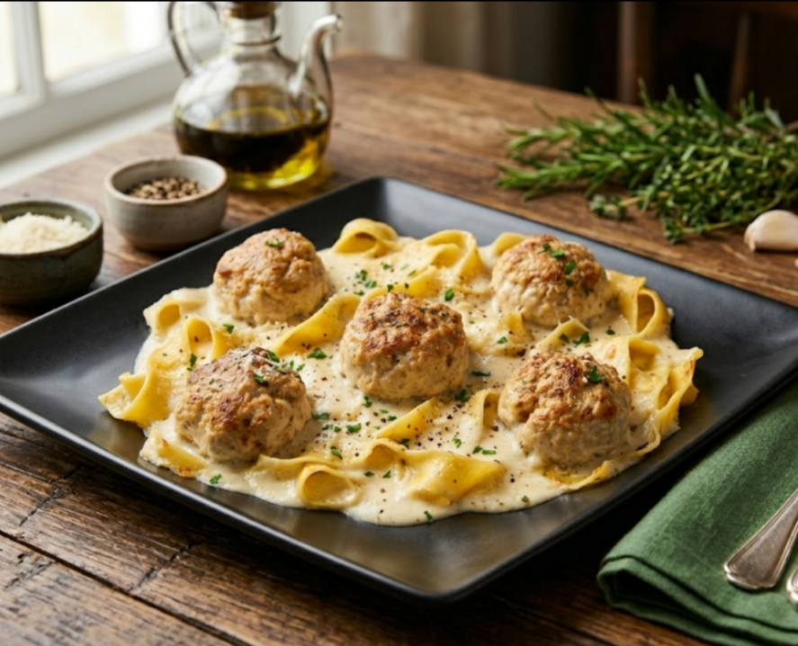 Pappardelle con polpettine di pollo e salsa bianca